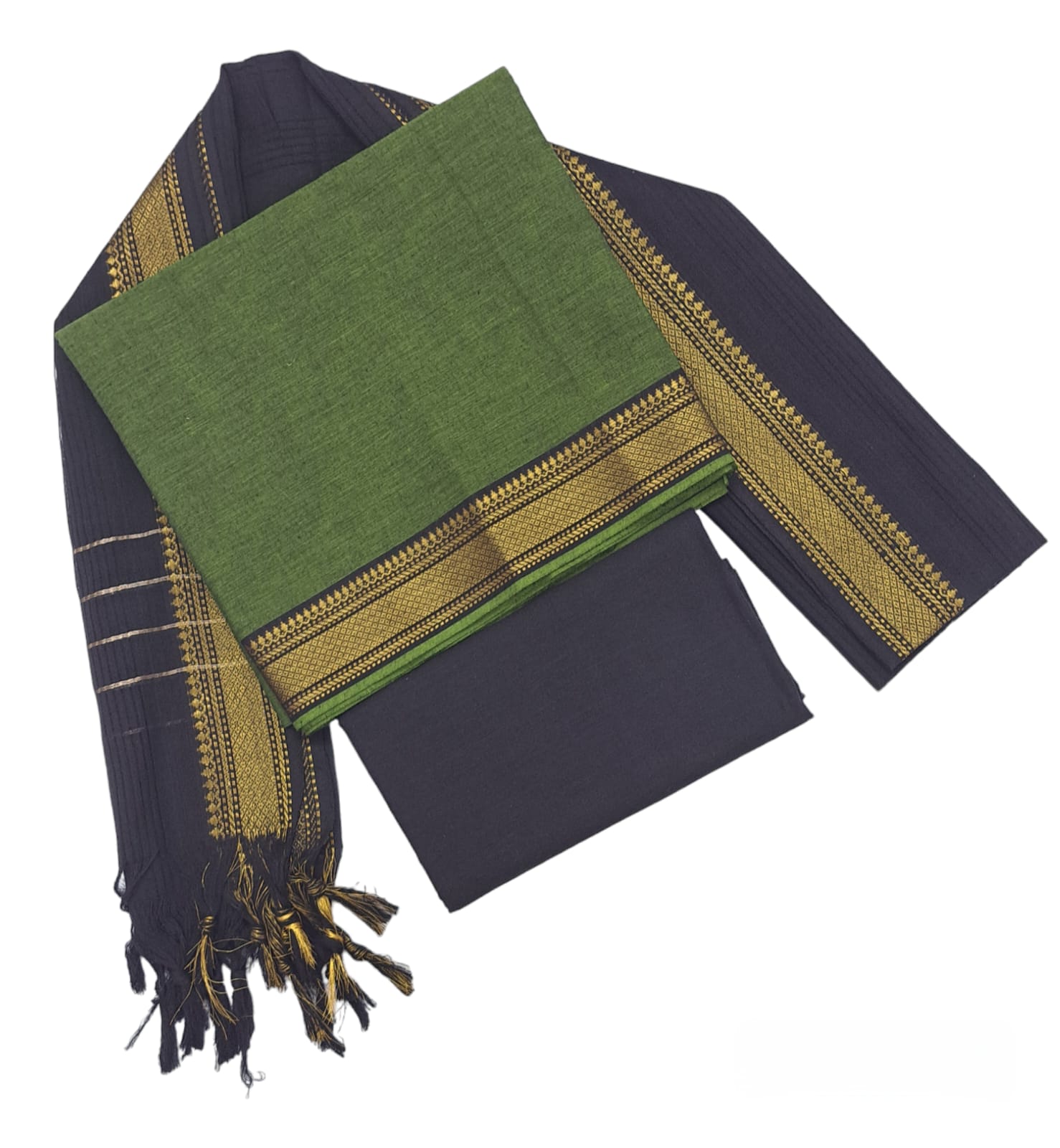 Cotton plain nizam border 3 piece  sets/Green with Black set
